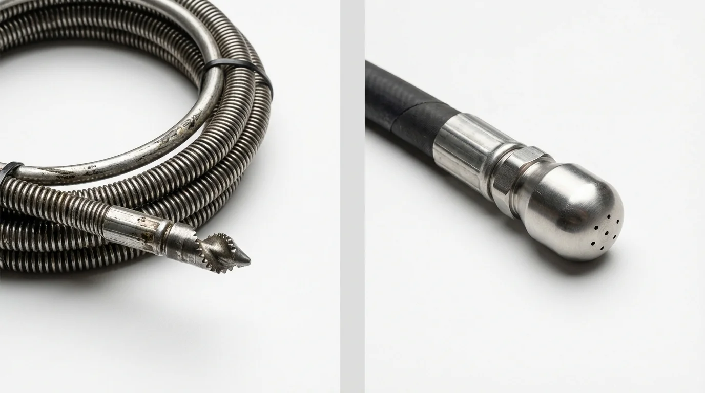 Drain snake cable and hydro jetting nozzle used for drain cleaning in Oran, MO