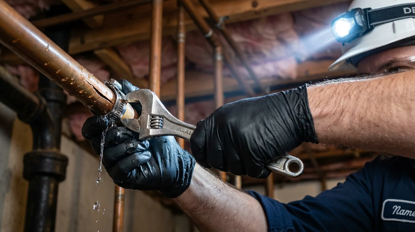 Emergency pipe clamp repair being performed by a Johns Plumbing LLC plumber in Oran
