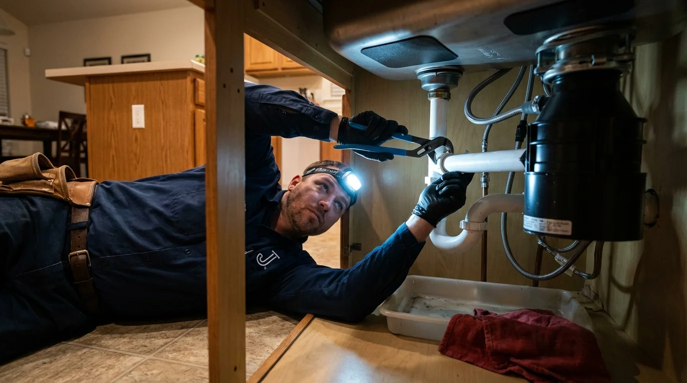 P-trap and supply line connections under a kitchen sink showing a common leak point in Oran, MO
